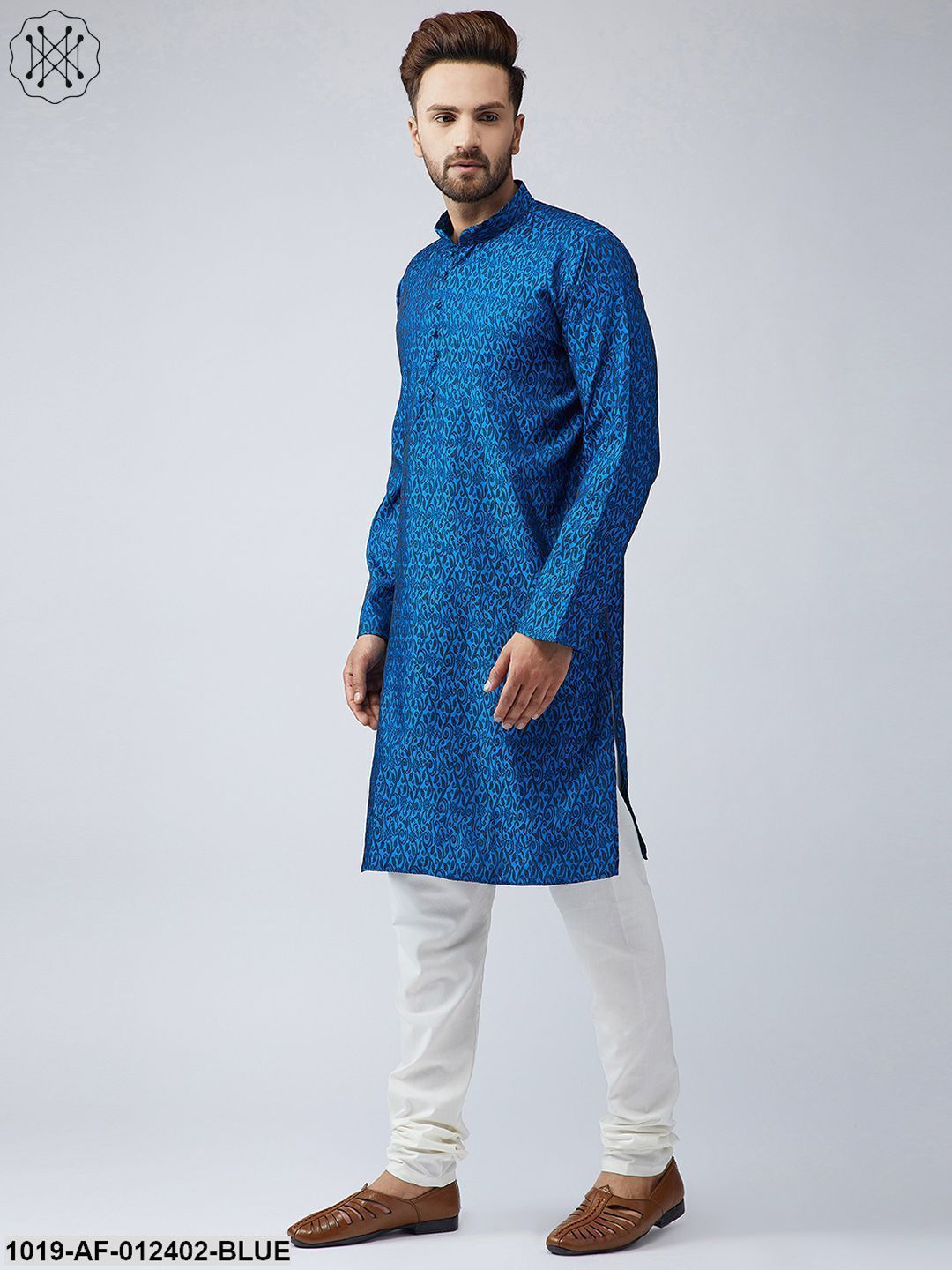 Men's Silk Blue Kurta And Off White Churidar Pyjama Set