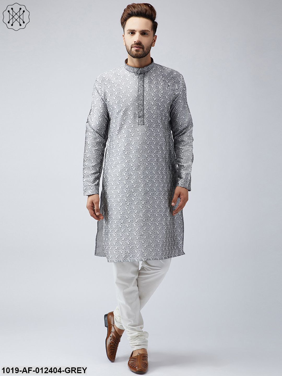 Men's Silk Grey Kurta And Off White Churidar Pyjama Set