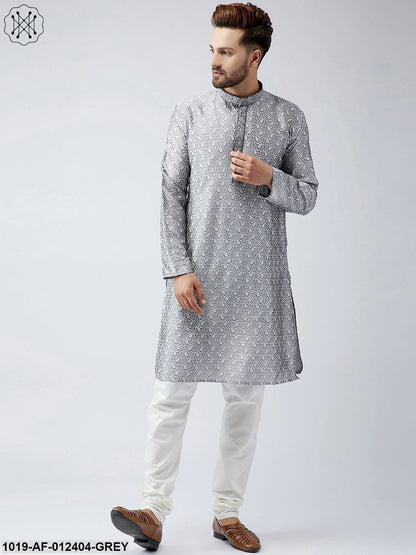 Men's Silk Grey Kurta And Off White Churidar Pyjama Set