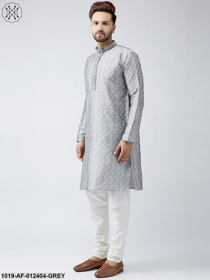 Men's Silk Grey Kurta And Off White Churidar Pyjama Set