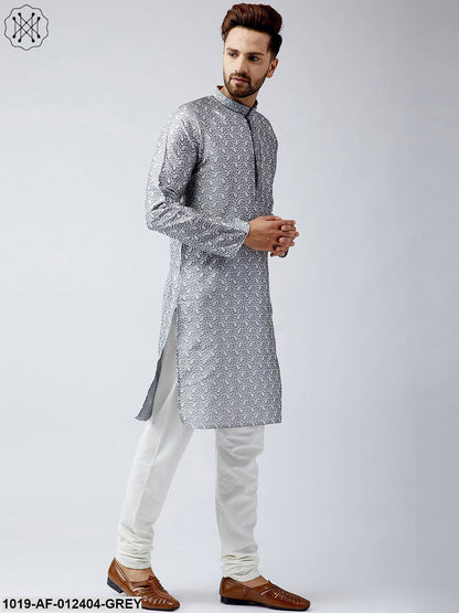 Men's Silk Grey Kurta And Off White Churidar Pyjama Set