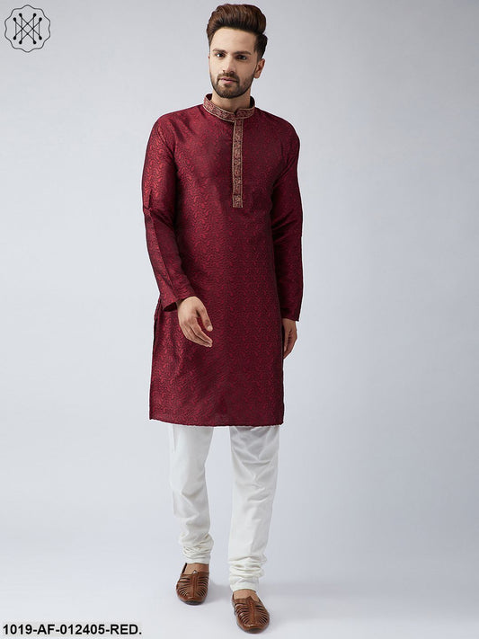 Men's Silk Red Kurta And Off White Churidar Pyjama Set