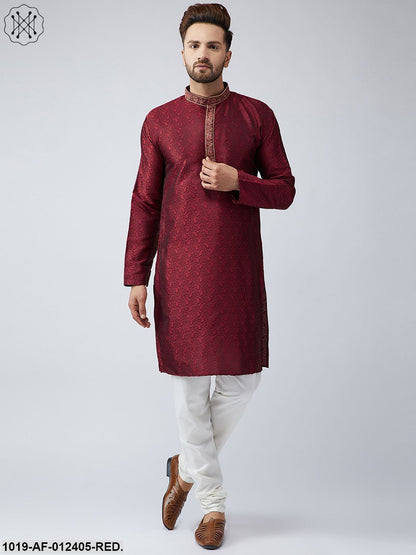 Men's Silk Red Kurta And Off White Churidar Pyjama Set