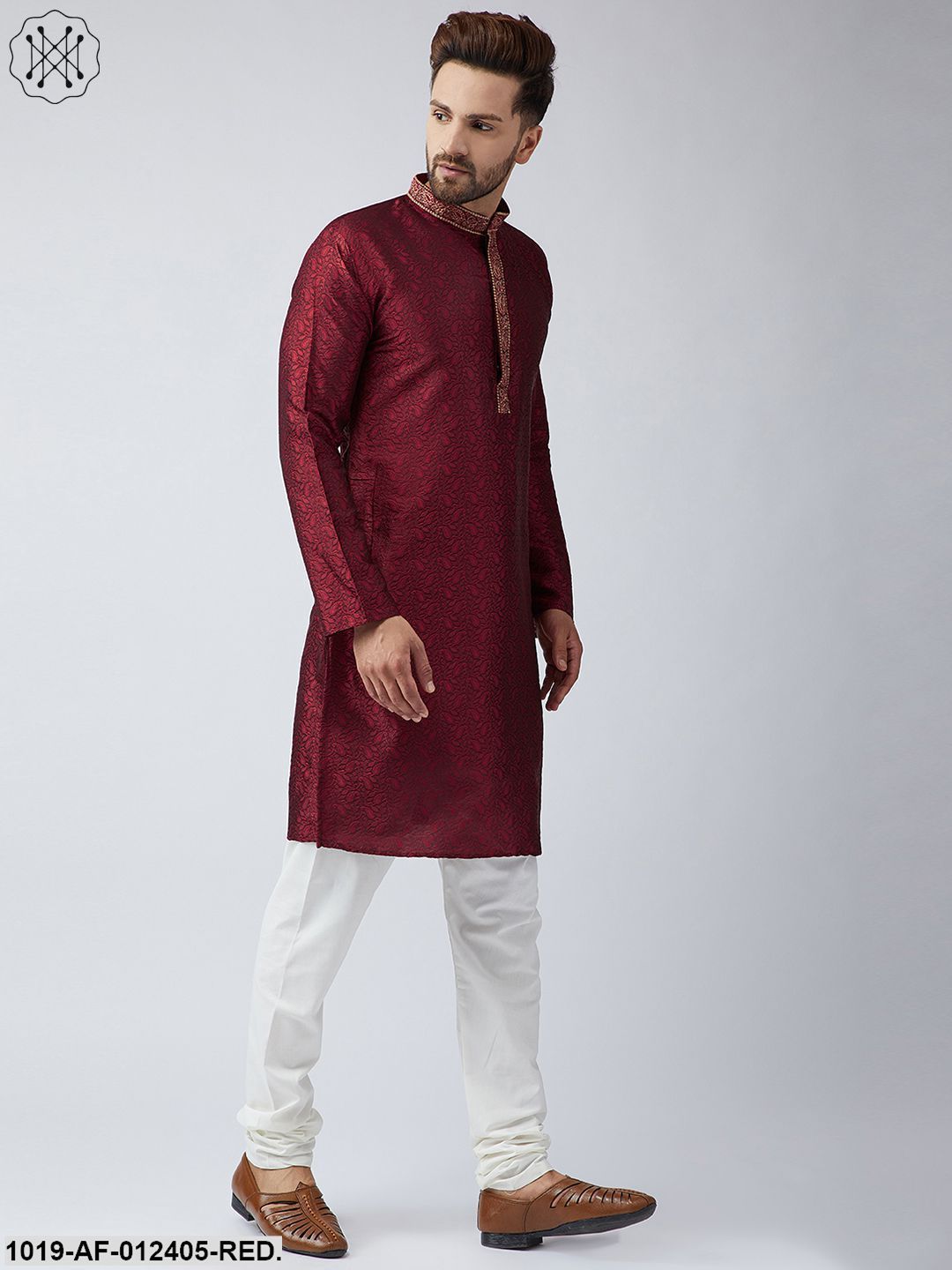 Men's Silk Red Kurta And Off White Churidar Pyjama Set