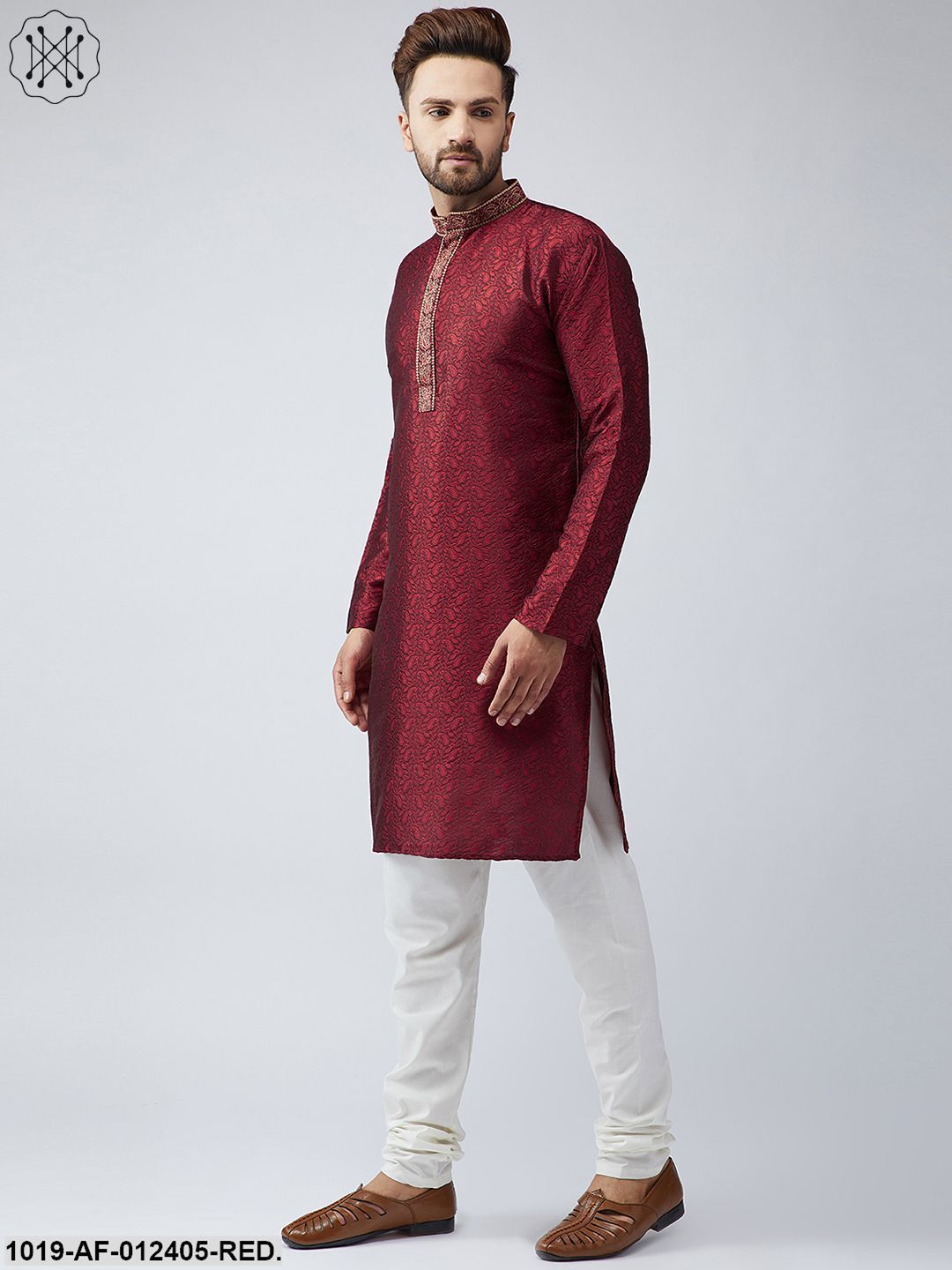 Men's Silk Red Kurta And Off White Churidar Pyjama Set