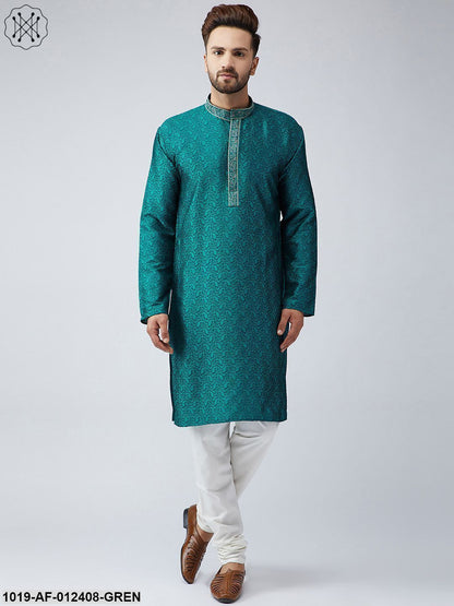 Men's Silk Teal Green Kurta And Off White Churidar Pyjama Set