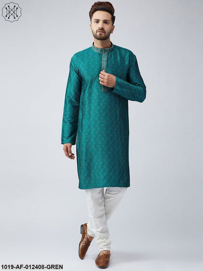 Men's Silk Teal Green Kurta And Off White Churidar Pyjama Set