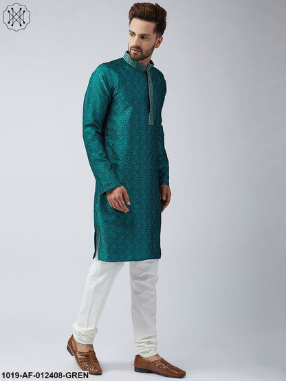 Men's Silk Teal Green Kurta And Off White Churidar Pyjama Set