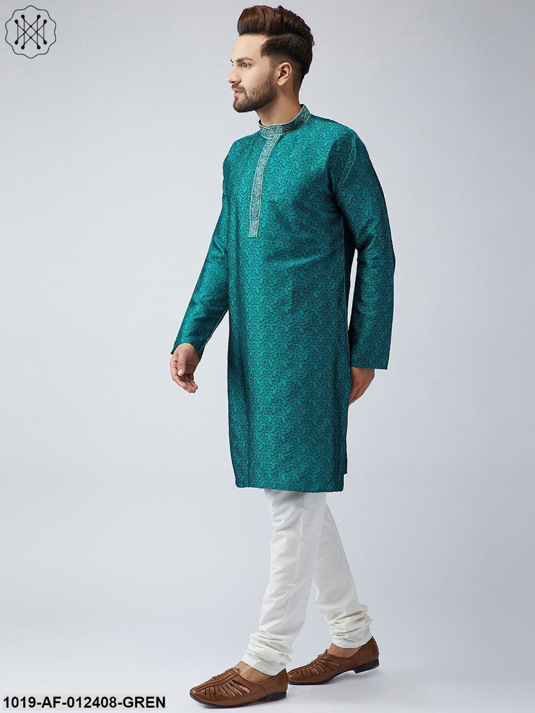 Men's Silk Teal Green Kurta And Off White Churidar Pyjama Set