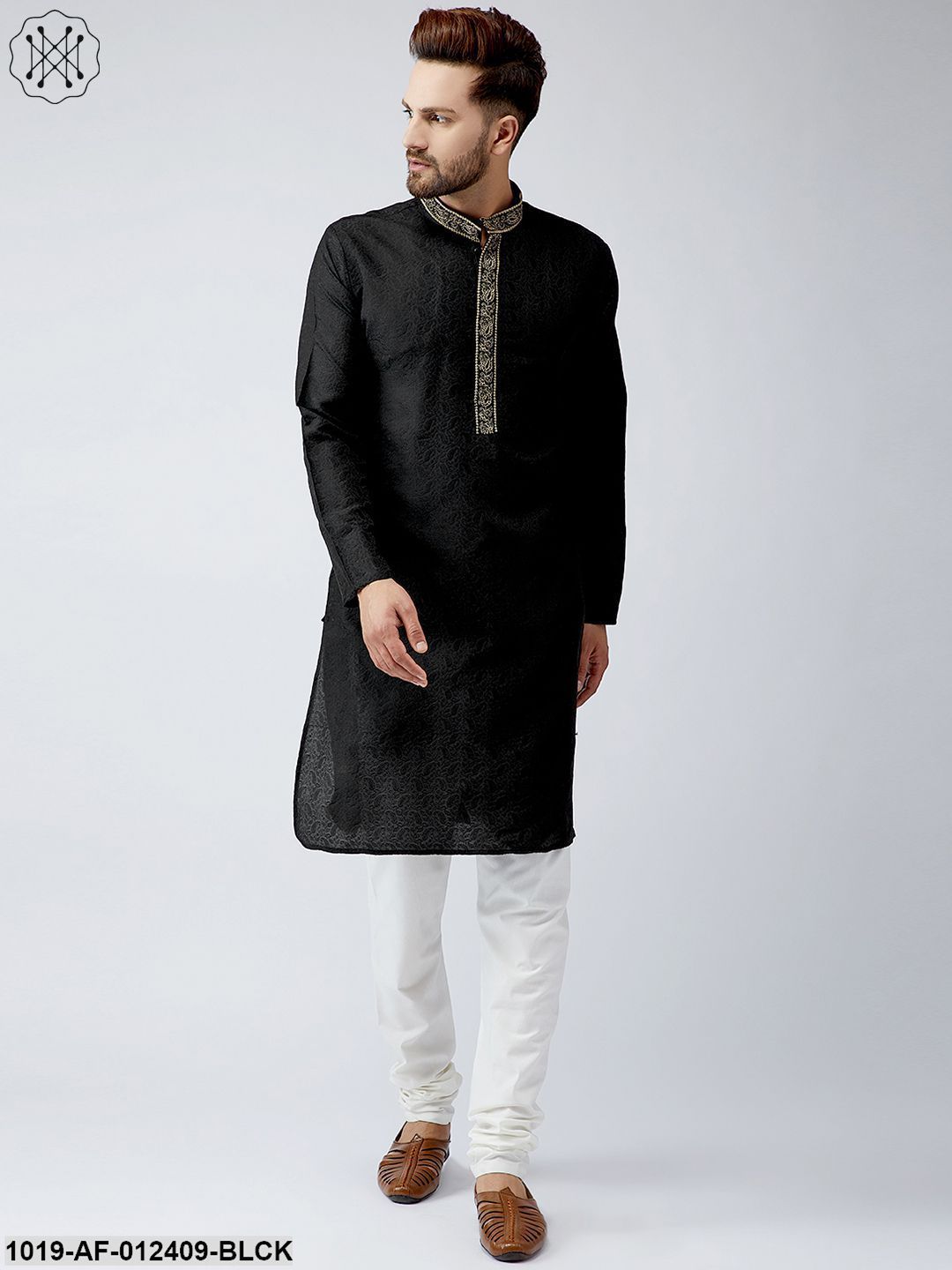 Men's Silk Black Kurta And Off White Churidar Pyjama Set