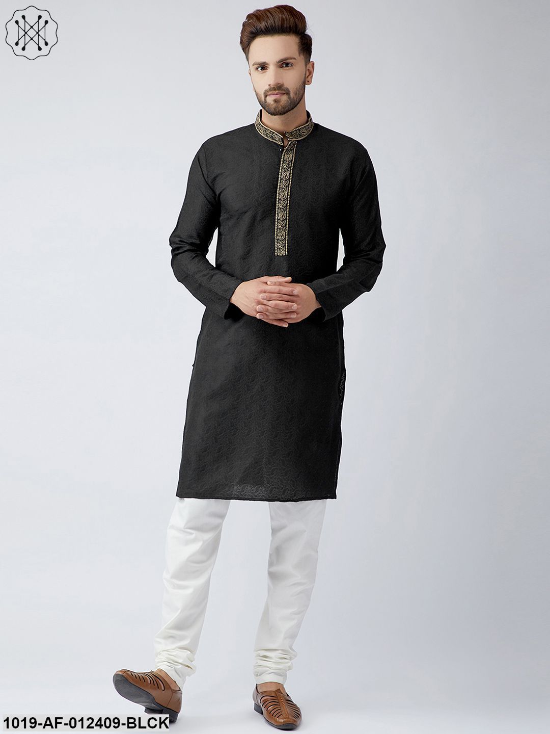 Men's Silk Black Kurta And Off White Churidar Pyjama Set