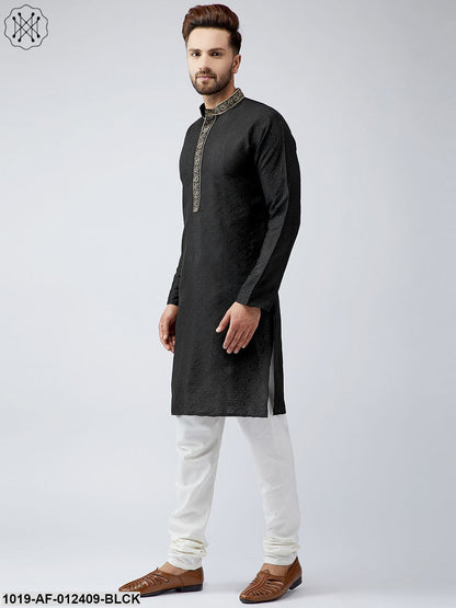 Men's Silk Black Kurta And Off White Churidar Pyjama Set