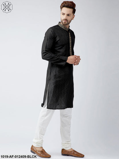 Men's Silk Black Kurta And Off White Churidar Pyjama Set