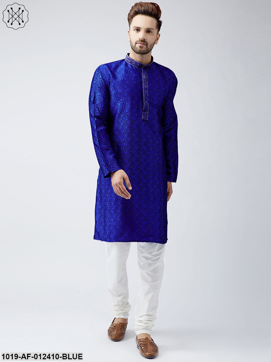 Men's Silk Royal Blue Kurta And Off White Churidar Pyjama Set