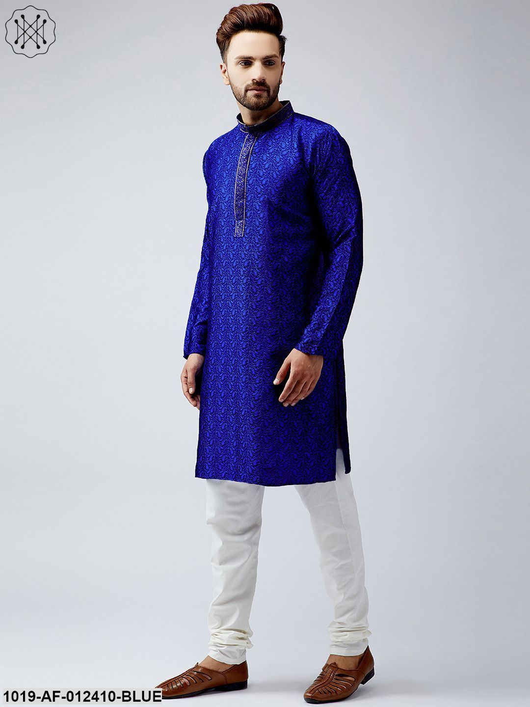 Men's Silk Royal Blue Kurta And Off White Churidar Pyjama Set