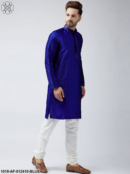 Men's Silk Royal Blue Kurta And Off White Churidar Pyjama Set