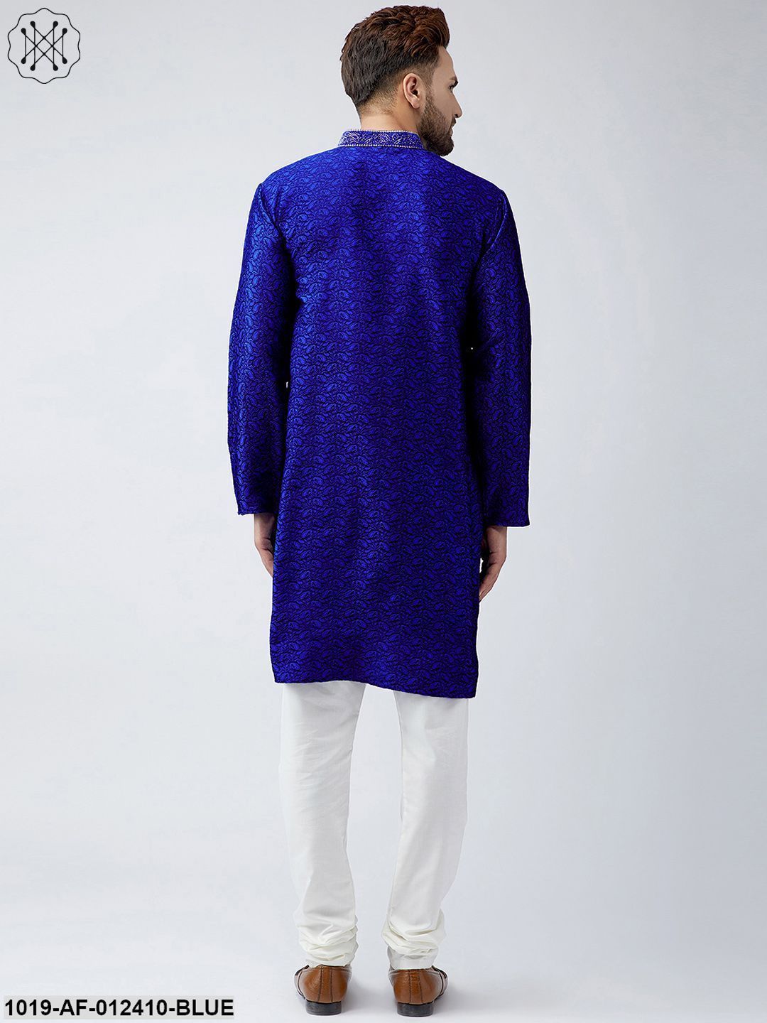 Men's Silk Royal Blue Kurta And Off White Churidar Pyjama Set