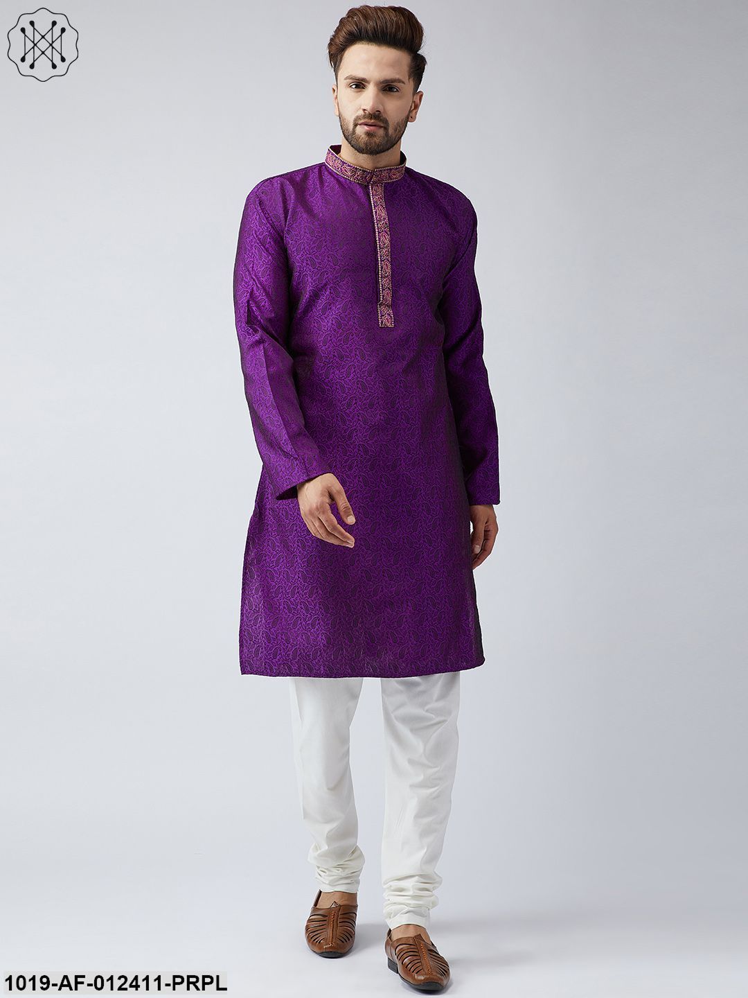 Men's Silk Purple Kurta And Off White Churidar Pyjama Set