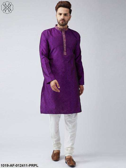 Men's Silk Purple Kurta And Off White Churidar Pyjama Set