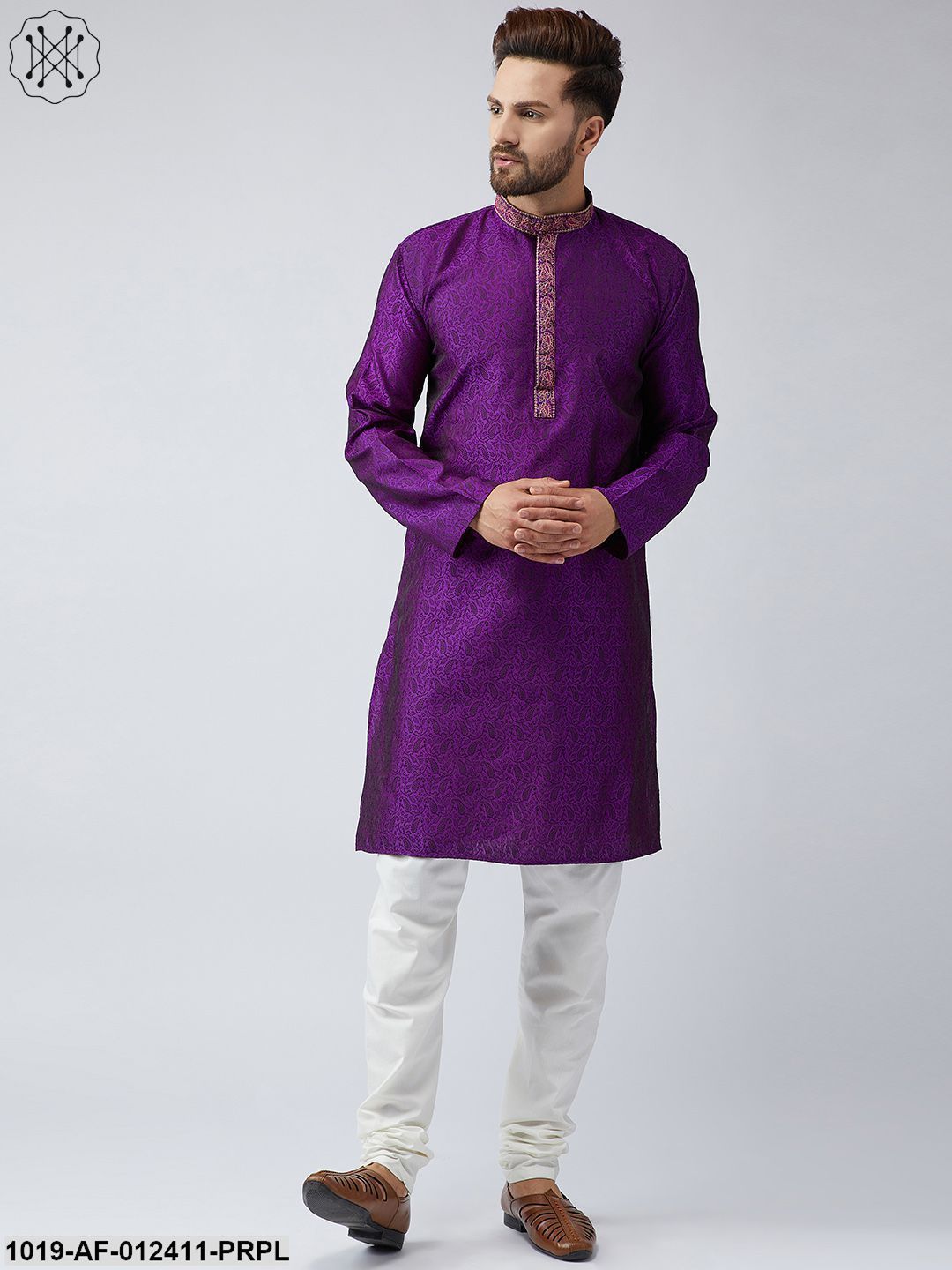 Men's Silk Purple Kurta And Off White Churidar Pyjama Set