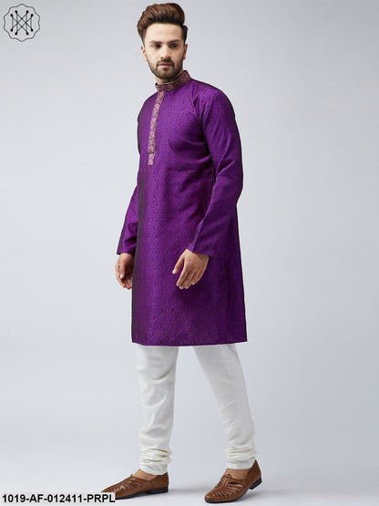 Men's Silk Purple Kurta And Off White Churidar Pyjama Set