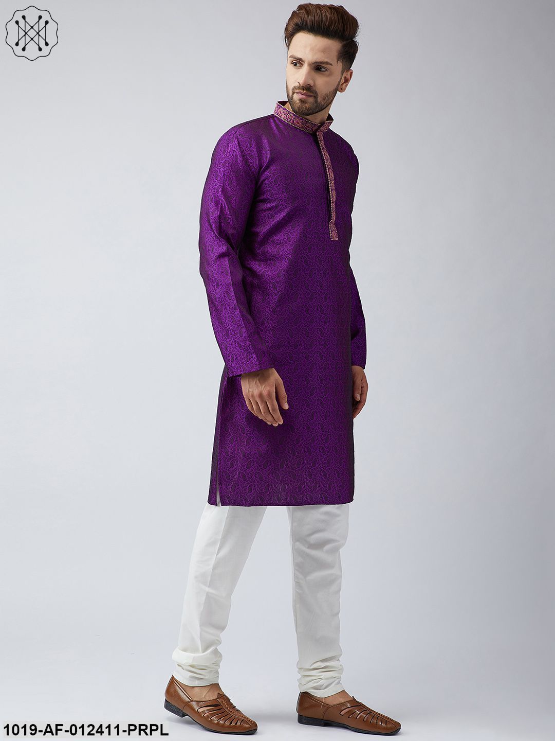 Men's Silk Purple Kurta And Off White Churidar Pyjama Set