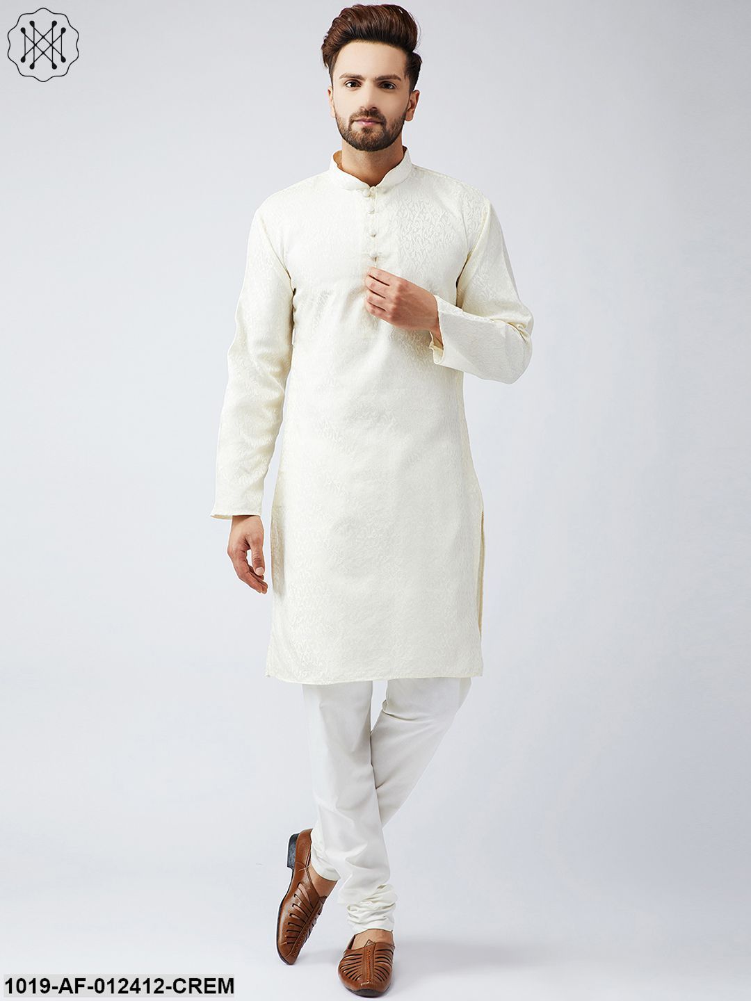 Men's Silk Cream Kurta And Off White Churidar Pyjama Set