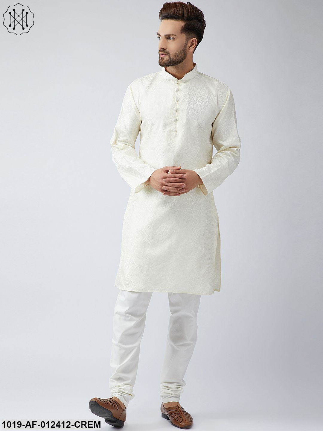 Men's Silk Cream Kurta And Off White Churidar Pyjama Set