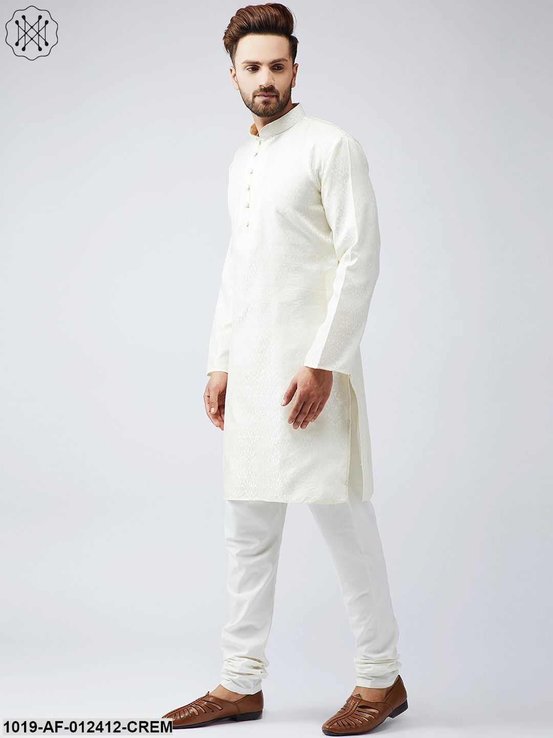 Men's Silk Cream Kurta And Off White Churidar Pyjama Set