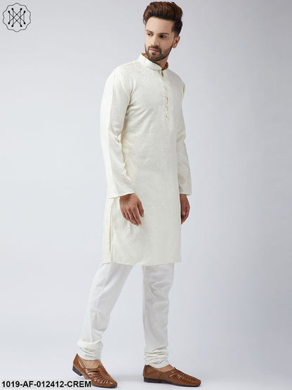 Men's Silk Cream Kurta And Off White Churidar Pyjama Set