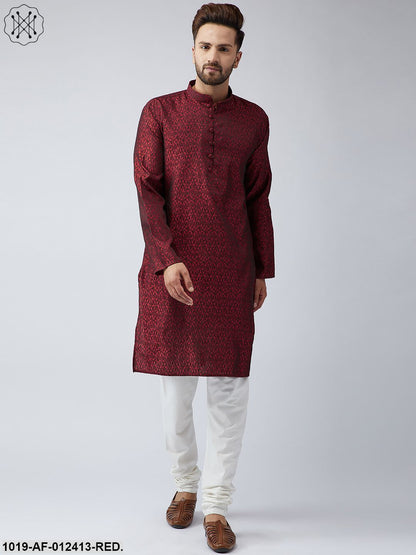 Men's Silk Red Kurta And Off White Churidar Pyjama Set