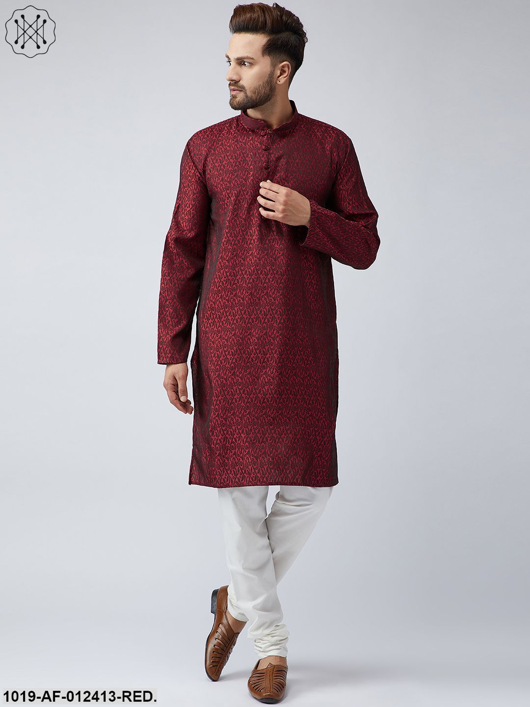 Men's Silk Red Kurta And Off White Churidar Pyjama Set