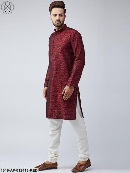 Men's Silk Red Kurta And Off White Churidar Pyjama Set