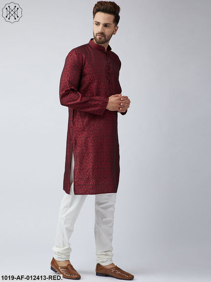 Men's Silk Red Kurta And Off White Churidar Pyjama Set