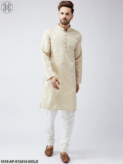 Men's Silk Gold Kurta And Off White Churidar Pyjama Set