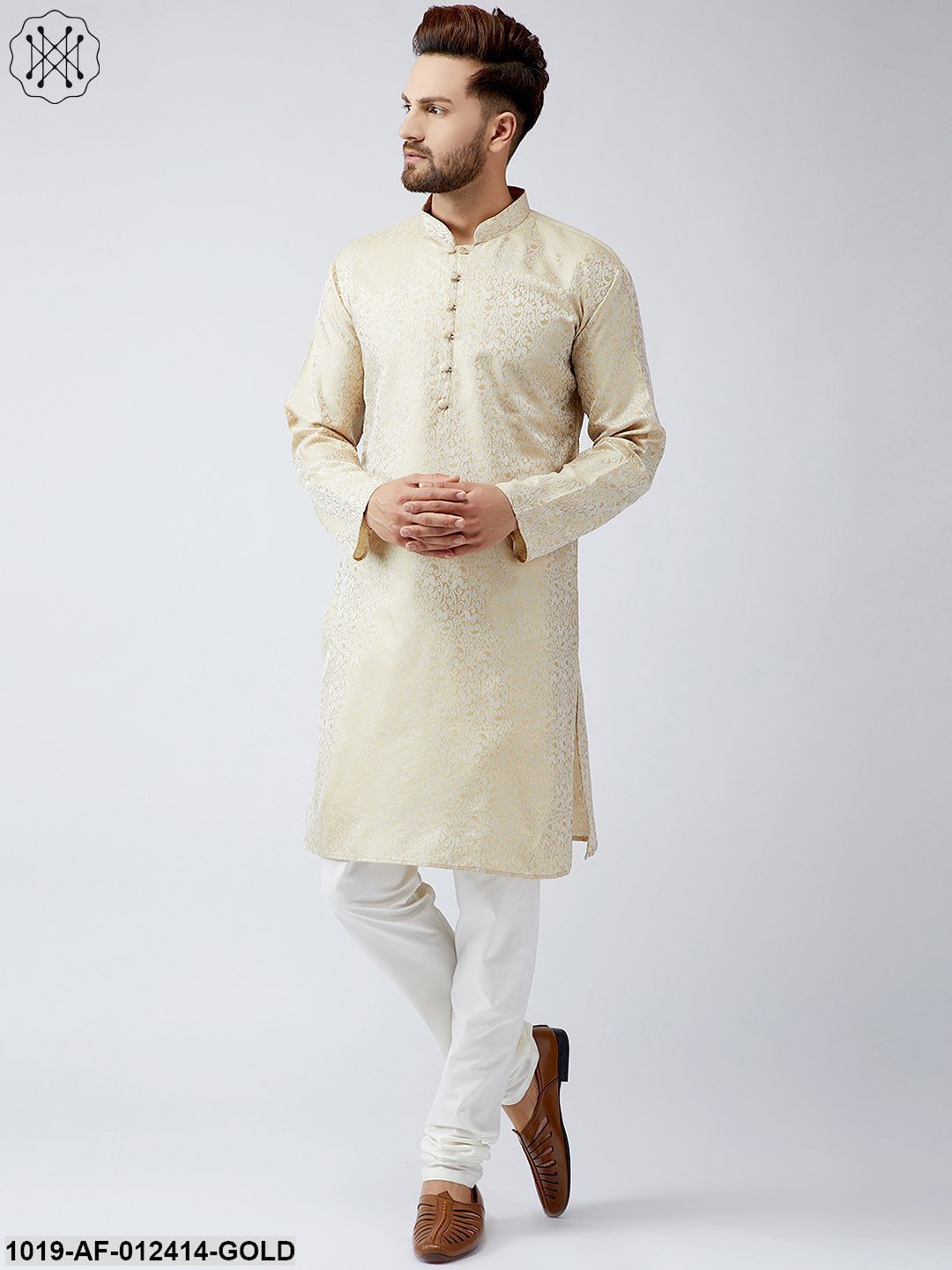 Men's Silk Gold Kurta And Off White Churidar Pyjama Set