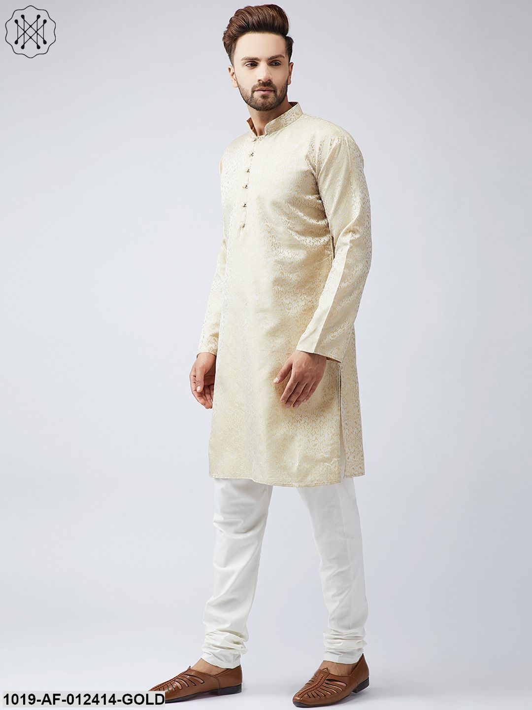 Men's Silk Gold Kurta And Off White Churidar Pyjama Set