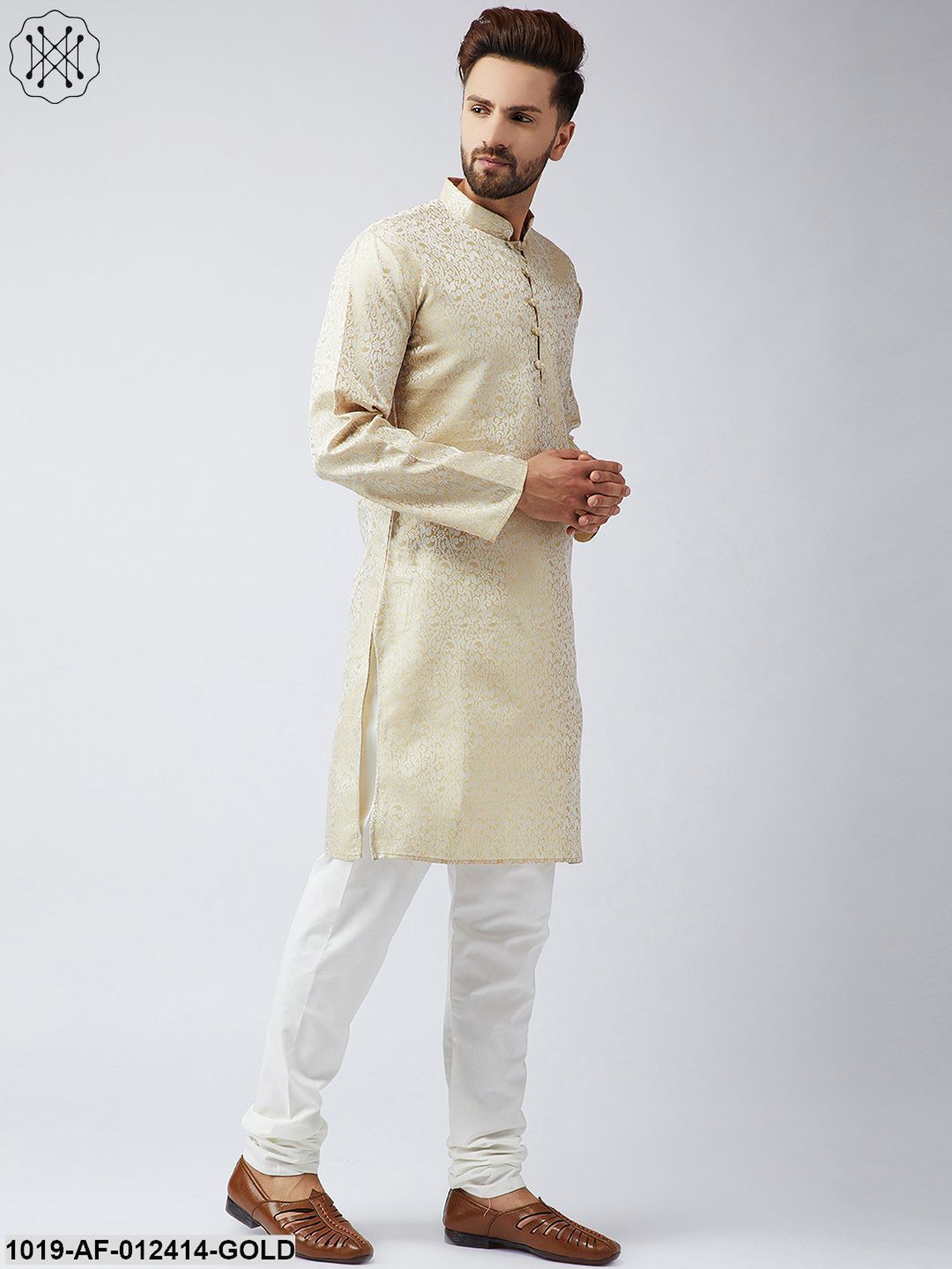 Men's Silk Gold Kurta And Off White Churidar Pyjama Set