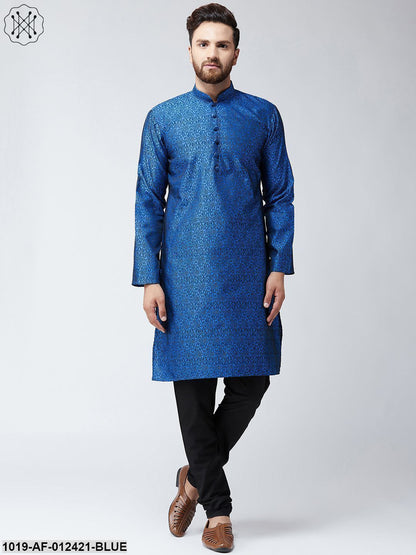 Men's Silk Blue Kurta And Black Pyjama Set