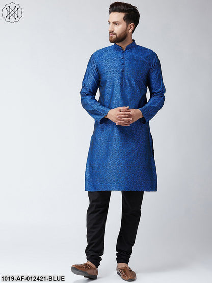 Men's Silk Blue Kurta And Black Pyjama Set