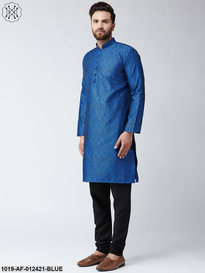 Men's Silk Blue Kurta And Black Pyjama Set