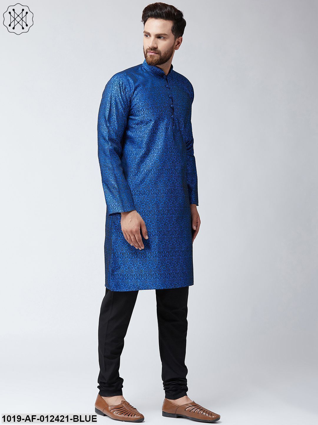 Men's Silk Blue Kurta And Black Pyjama Set