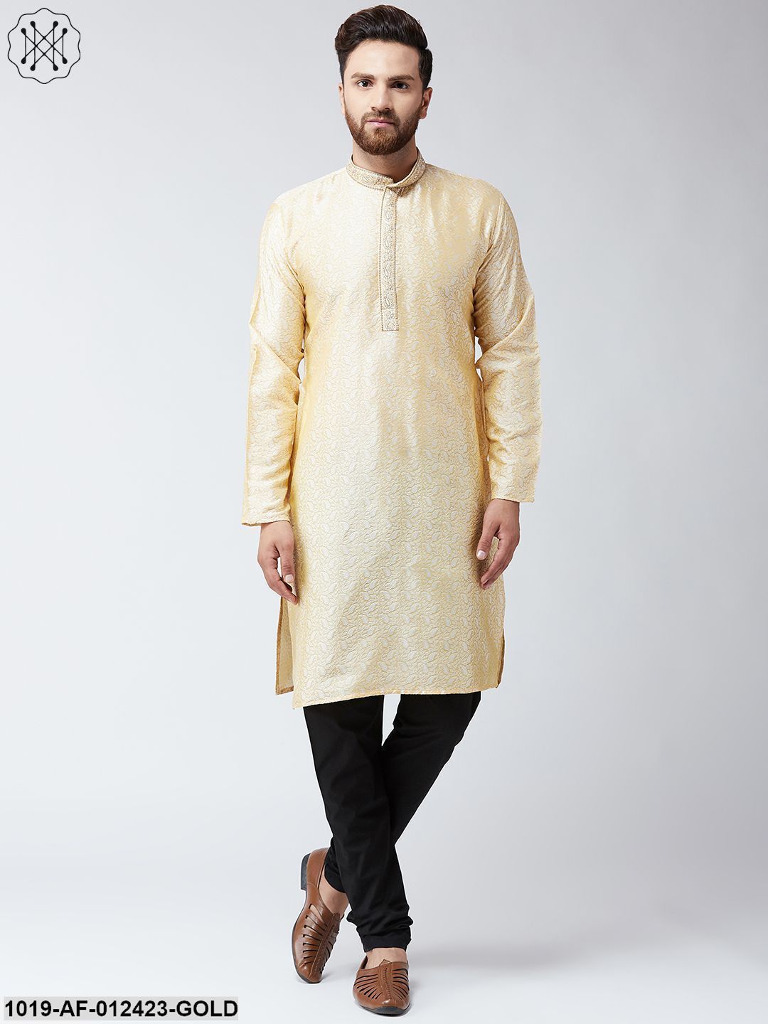 Men's Silk Gold Kurta And Black Pyjama Set