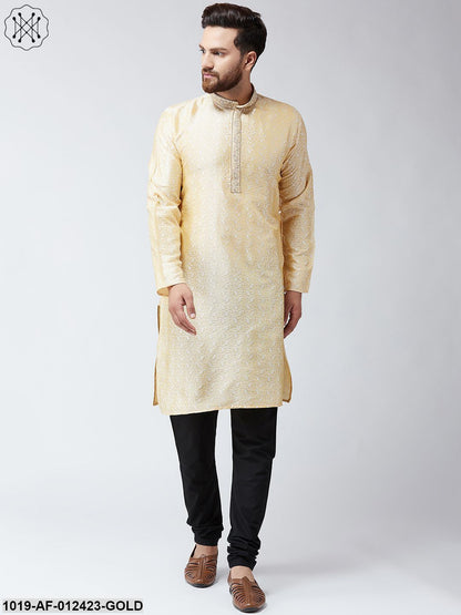 Men's Silk Gold Kurta And Black Pyjama Set