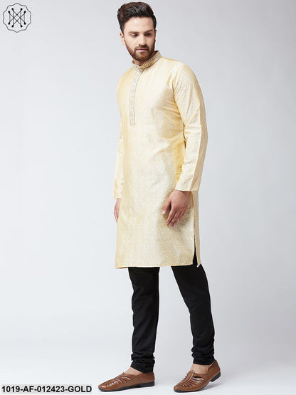 Men's Silk Gold Kurta And Black Pyjama Set