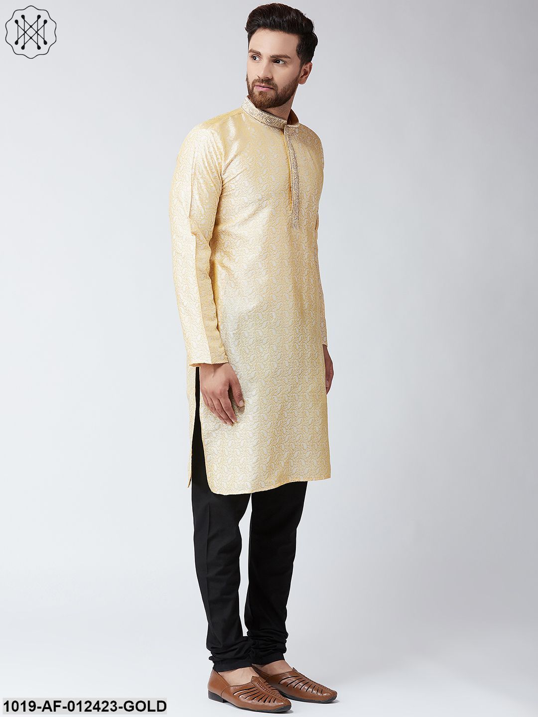 Men's Silk Gold Kurta And Black Pyjama Set