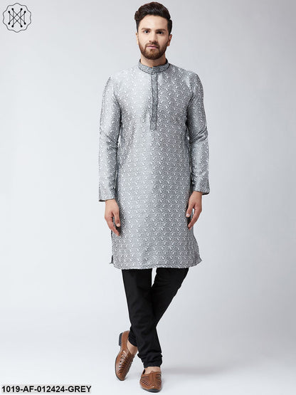 Men's Silk Grey Kurta And Black Pyjama Set