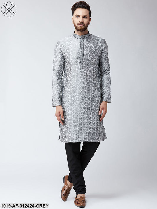 Men's Silk Grey Kurta And Black Pyjama Set