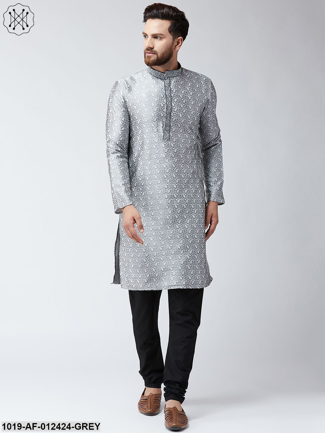 Men's Silk Grey Kurta And Black Pyjama Set