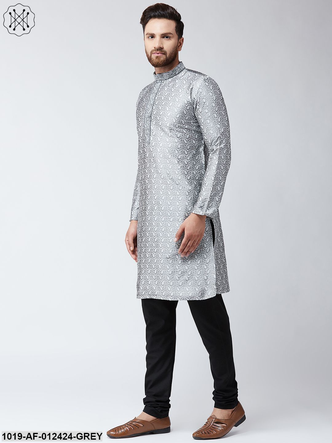 Men's Silk Grey Kurta And Black Pyjama Set